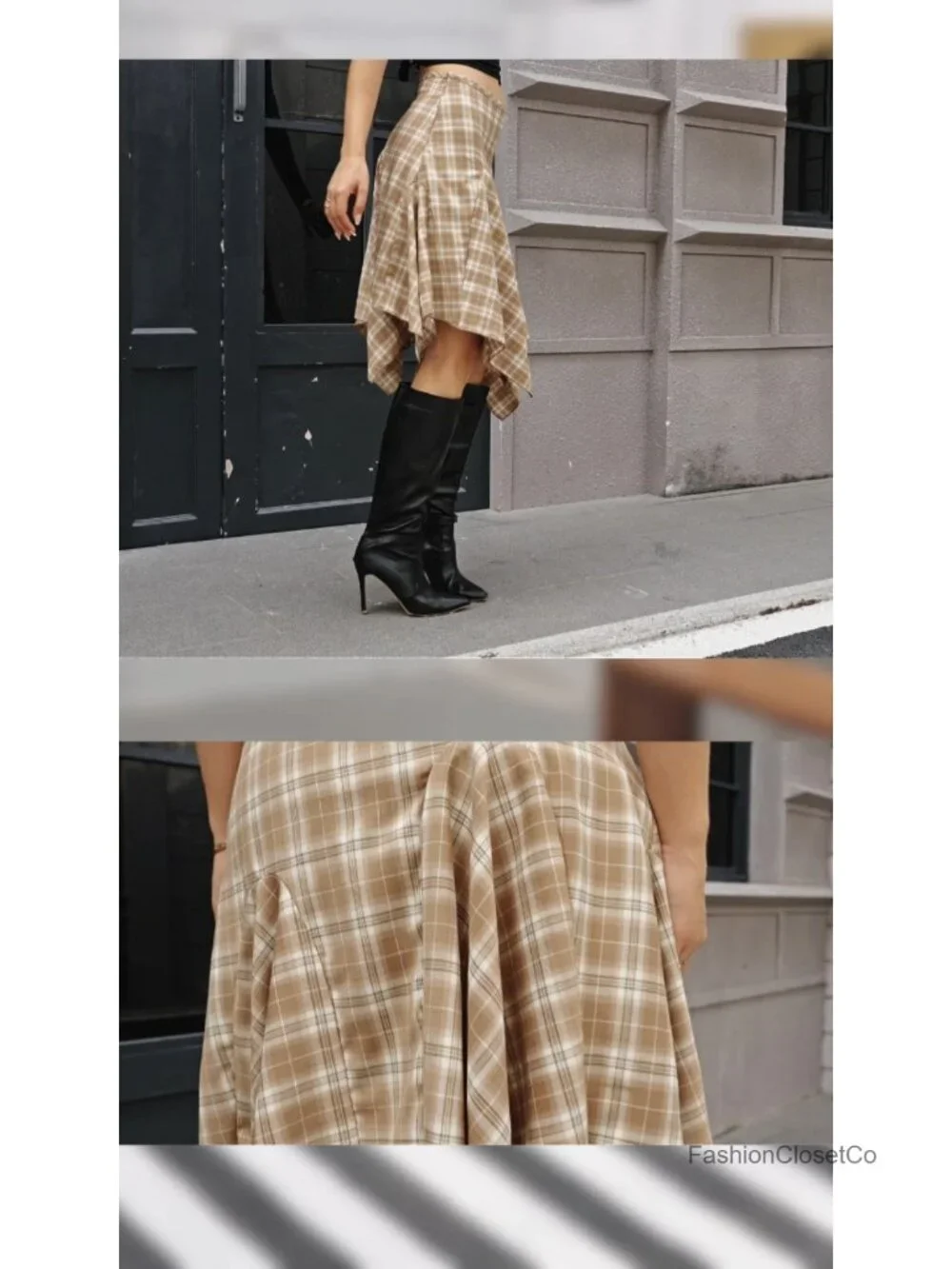 Y2K Plaid Midi Skirt, Low Waist Asymmetrical Flowy A-Line, Grunge 90s Style
